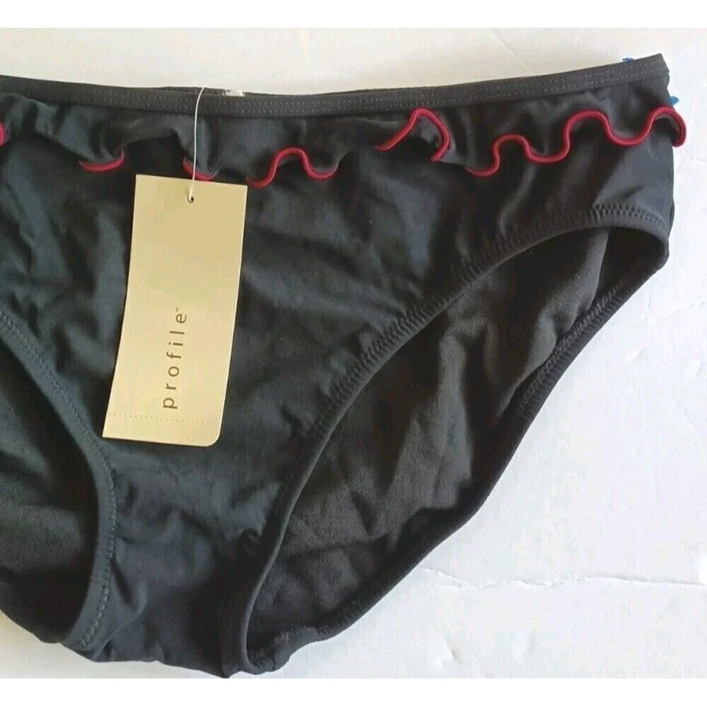 Profile Ruffle Bikini  Swim Bottom Size US 12 Large Black Red E004 New